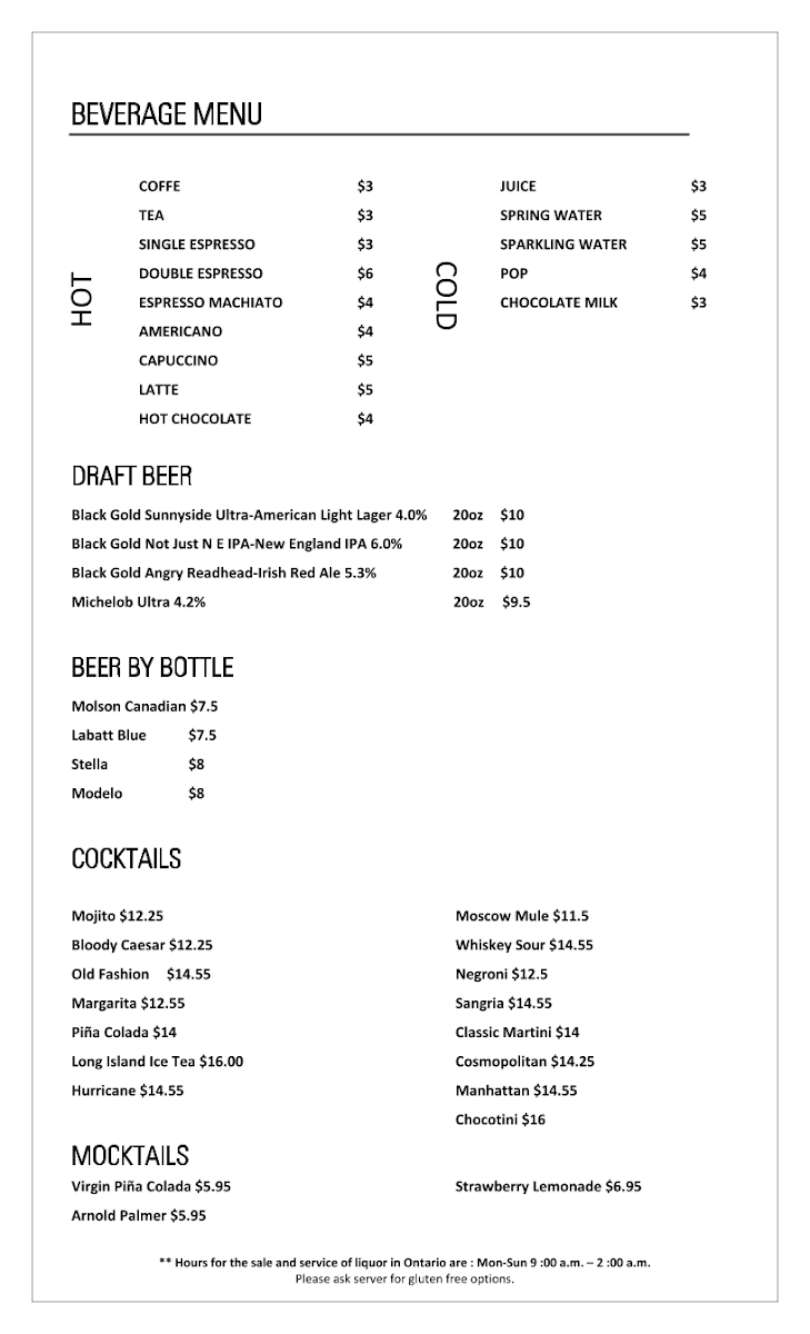 Menu, Legacy Restaurant