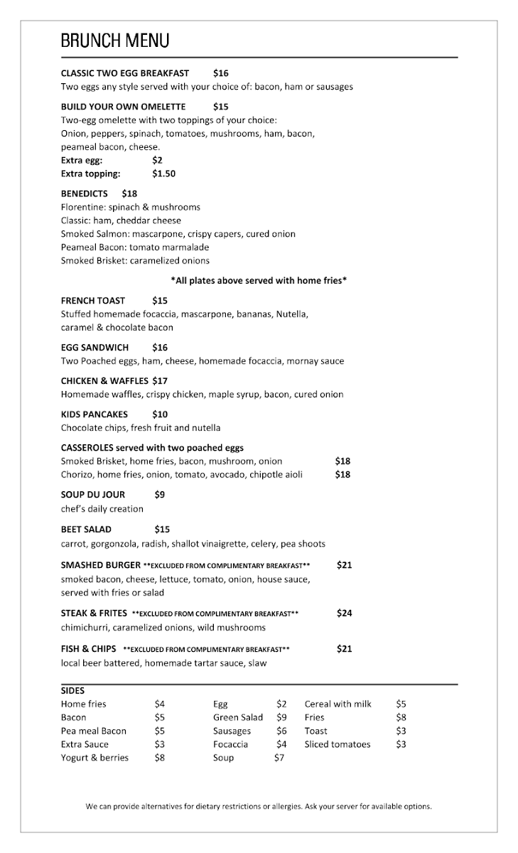 Menu, Legacy Restaurant
