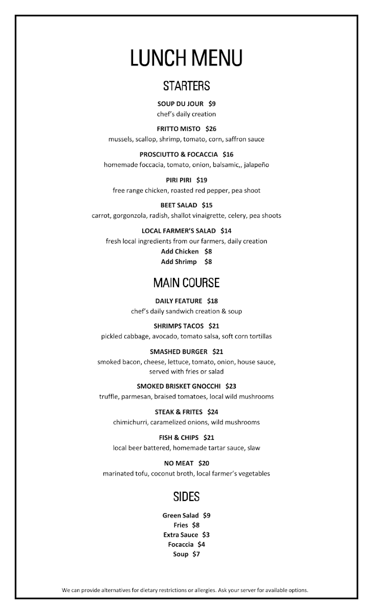 Menu, Legacy Restaurant