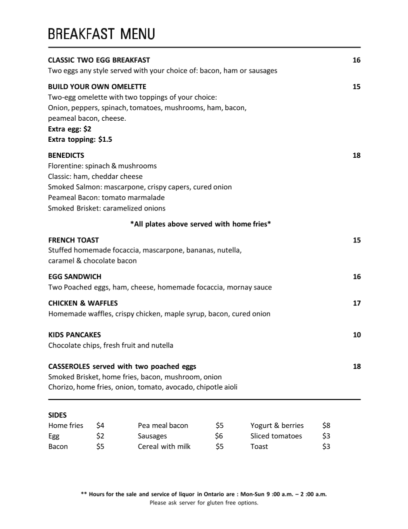 Menu, Legacy Restaurant