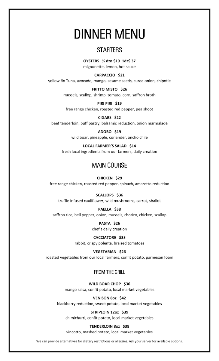 Menu, Legacy Restaurant