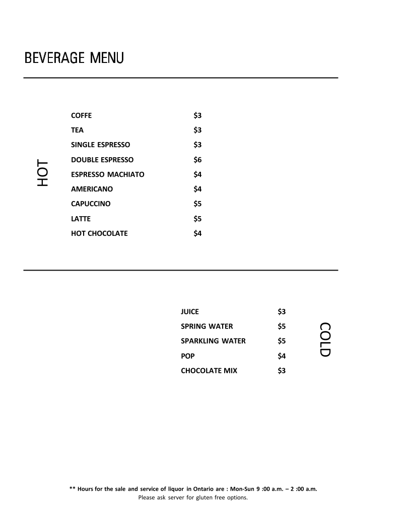 Menu, Legacy Restaurant
