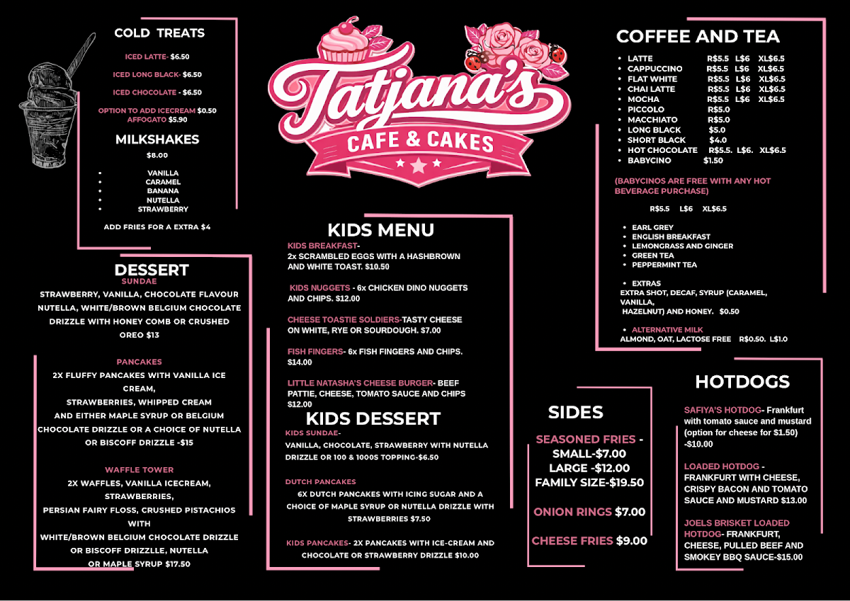 Menu, Tatjana’s Cafe and Cakes