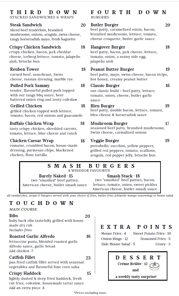 Menu, The Thirsty Butler