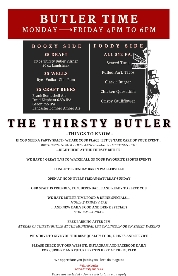 Menu, The Thirsty Butler