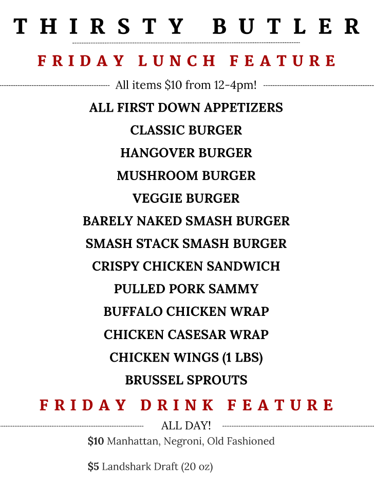 Menu, The Thirsty Butler