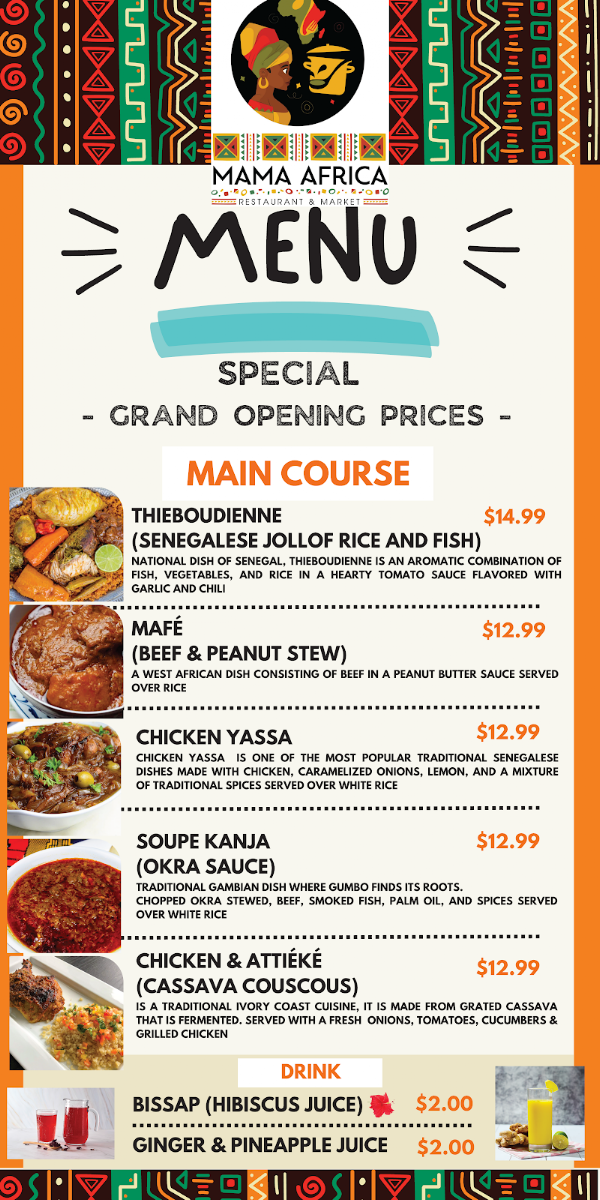 Menu, Mama Africa Restaurant