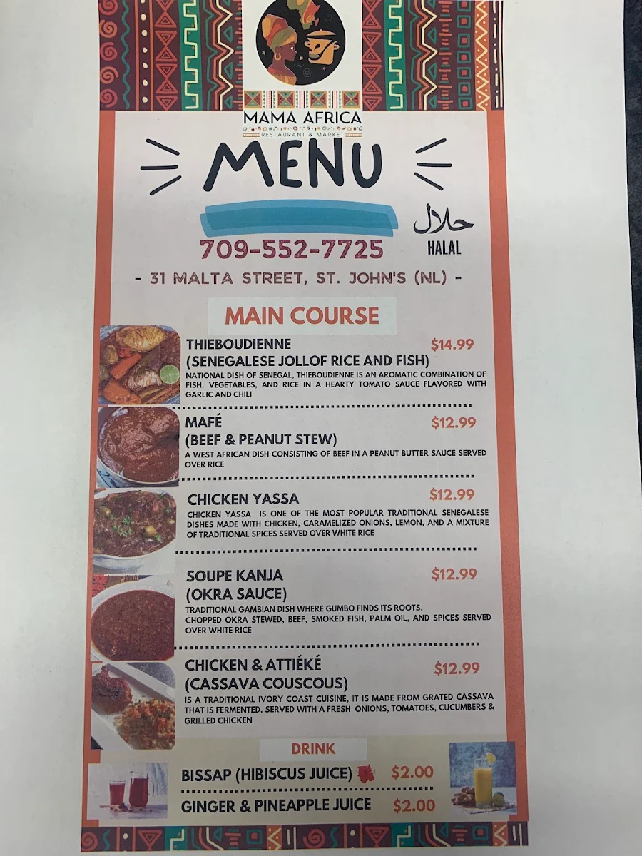 Menu, Mama Africa Restaurant