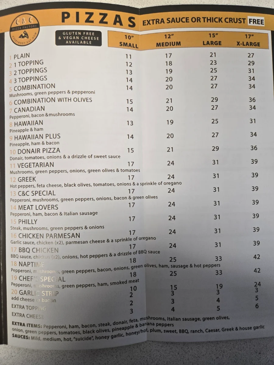 Menu, C & C PIZZA FACTORY