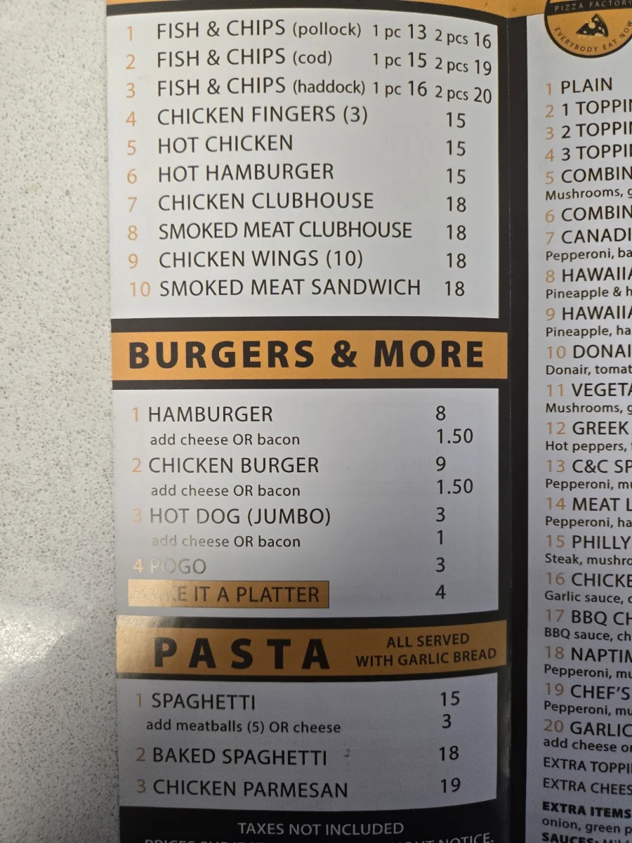 Menu, C & C PIZZA FACTORY