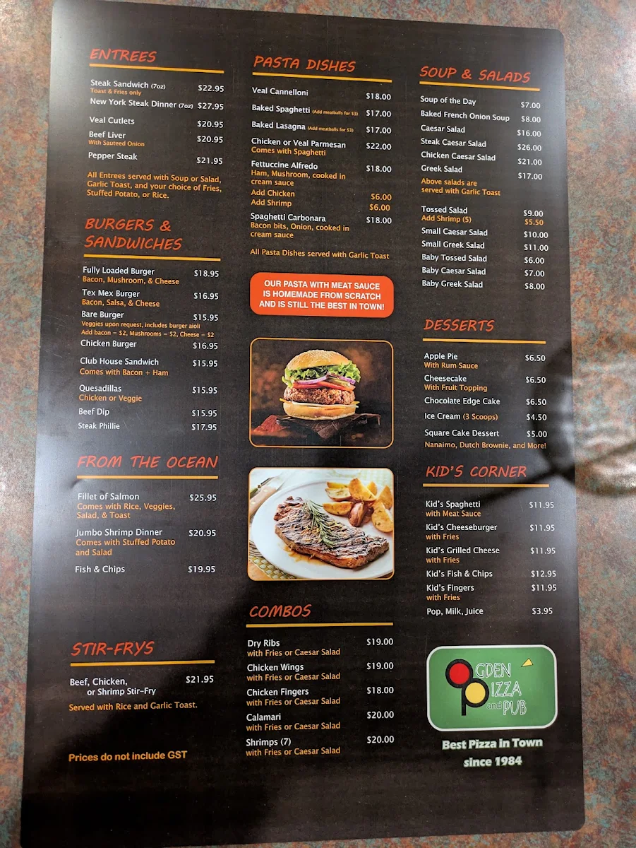 Menu, Ogden Pizza & Pub