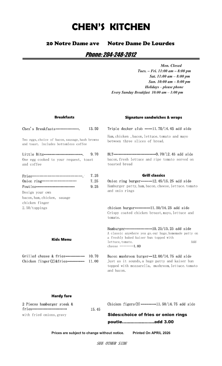 Menu, Chen and Gan's Kitchen