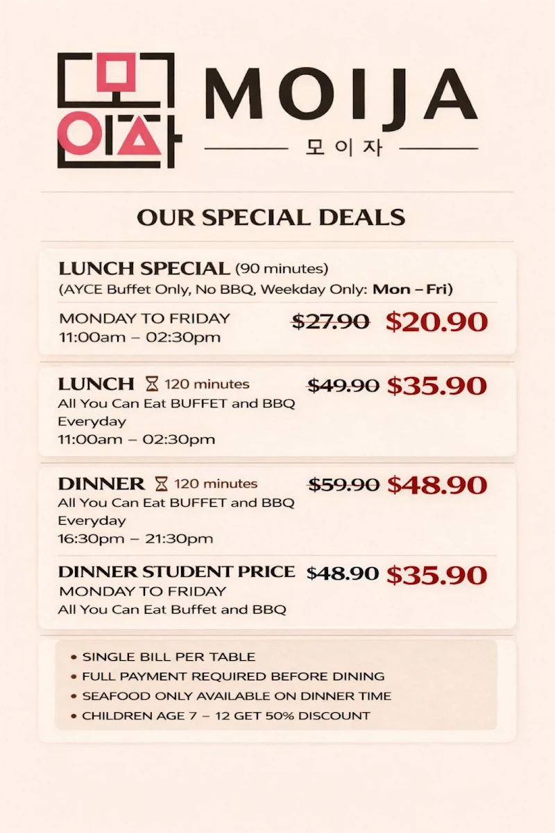 Menu, Moija Korean BBQ Buffet