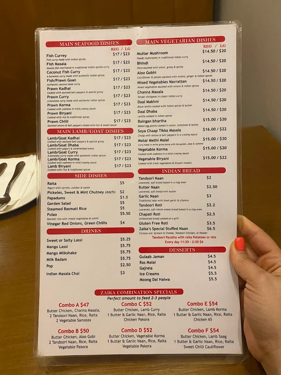 Menu, Zaika Tastes of India