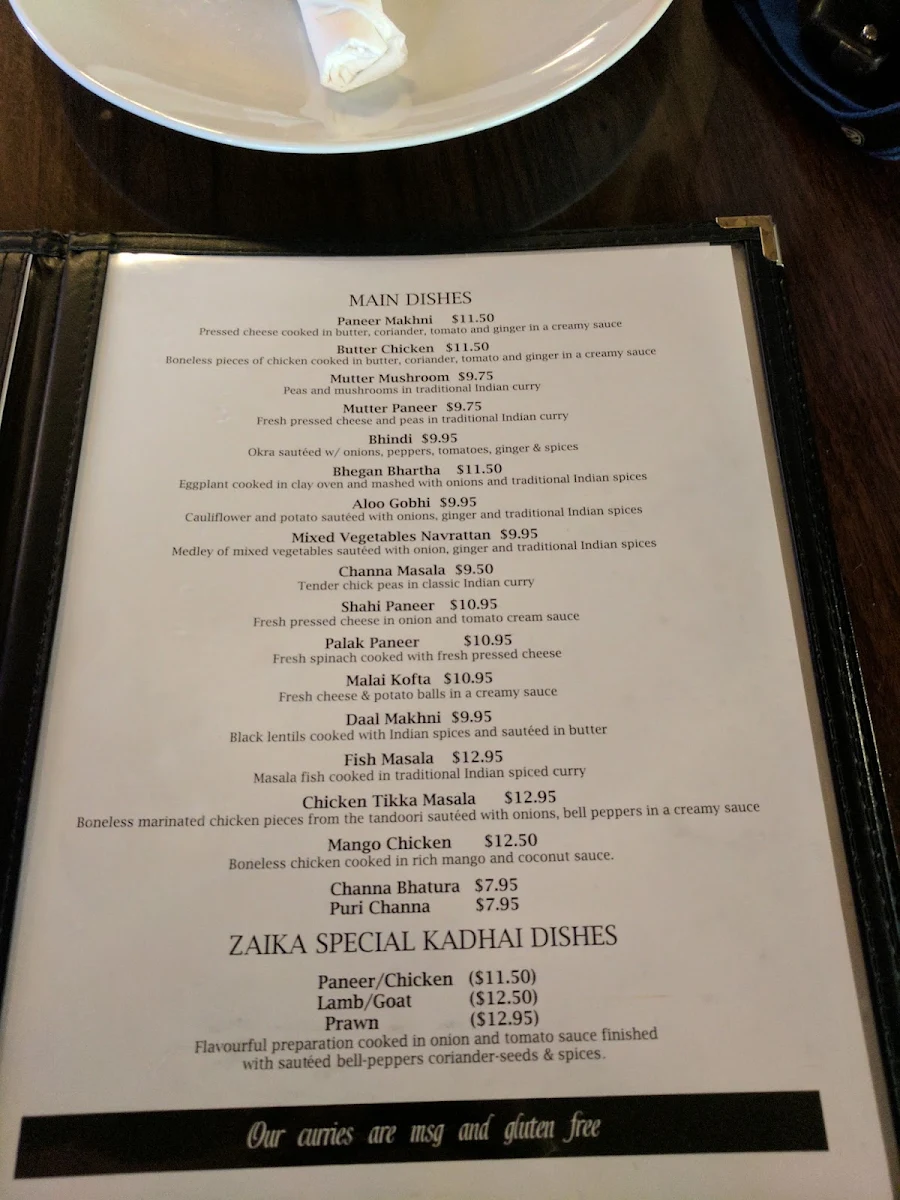 Menu, Zaika Tastes of India