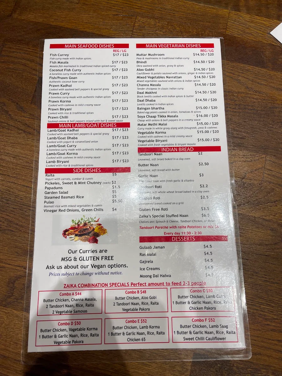 Menu, Zaika Tastes of India