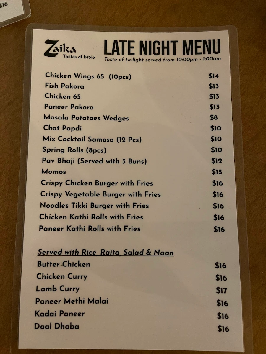 Menu, Zaika Tastes of India