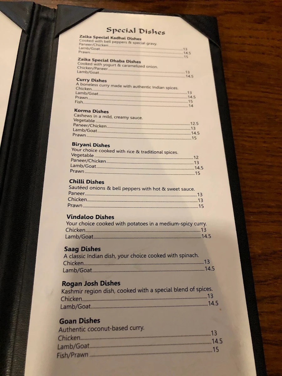 Menu, Zaika Tastes of India