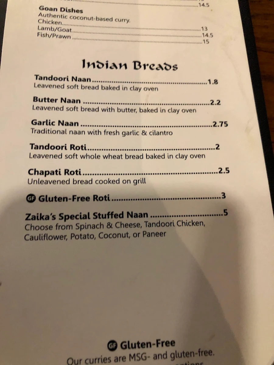 Menu, Zaika Tastes of India