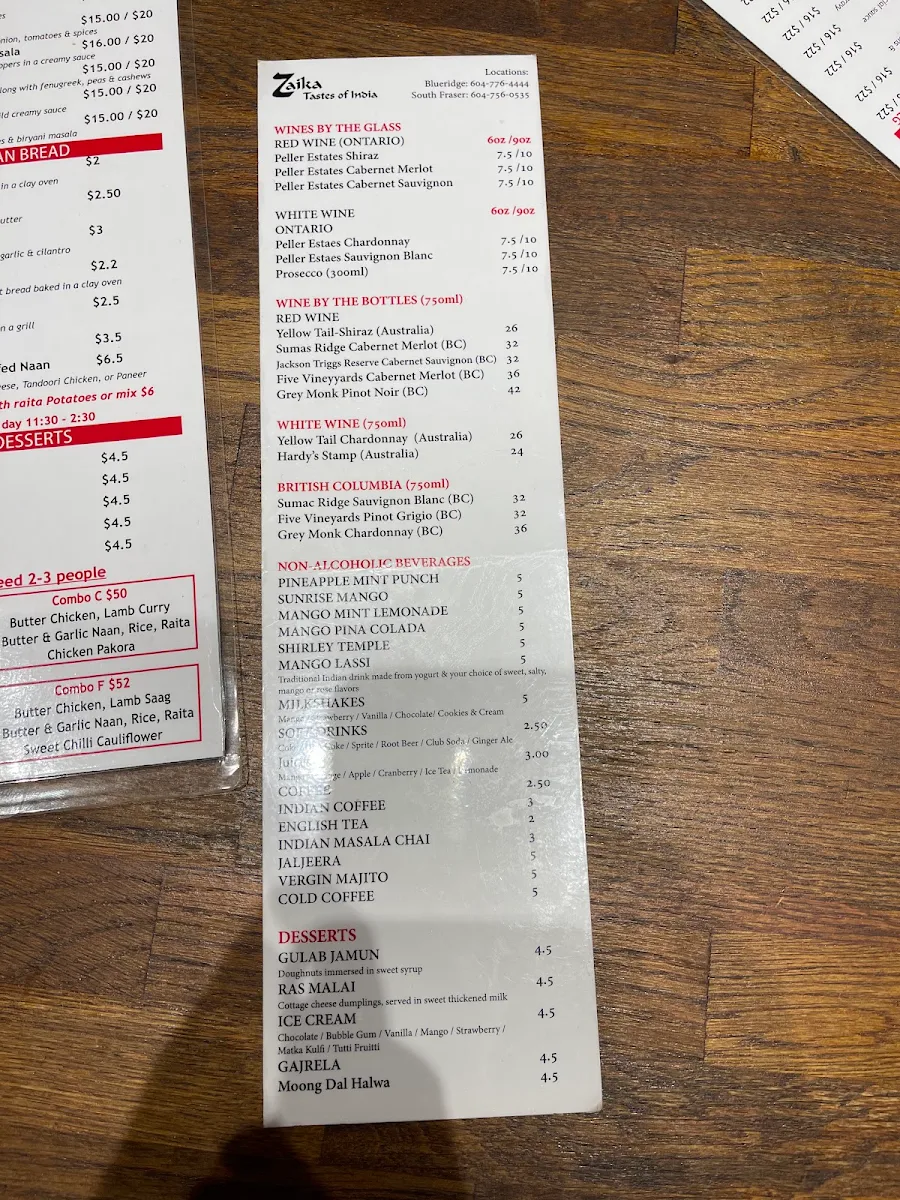 Menu, Zaika Tastes of India