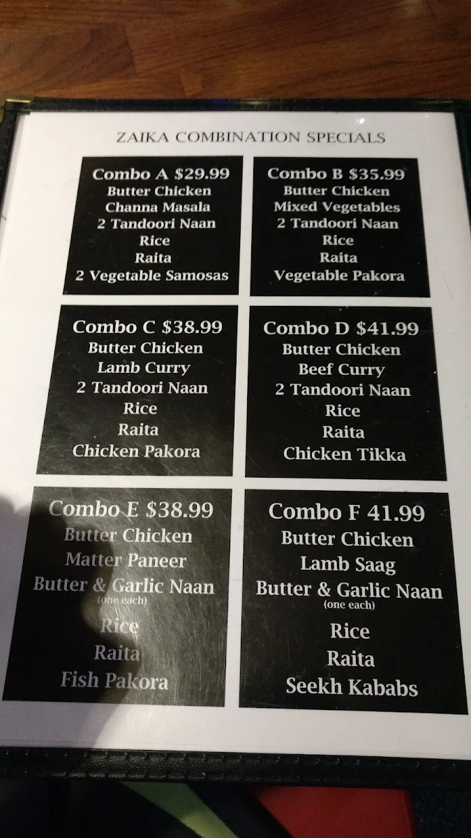 Menu, Zaika Tastes of India