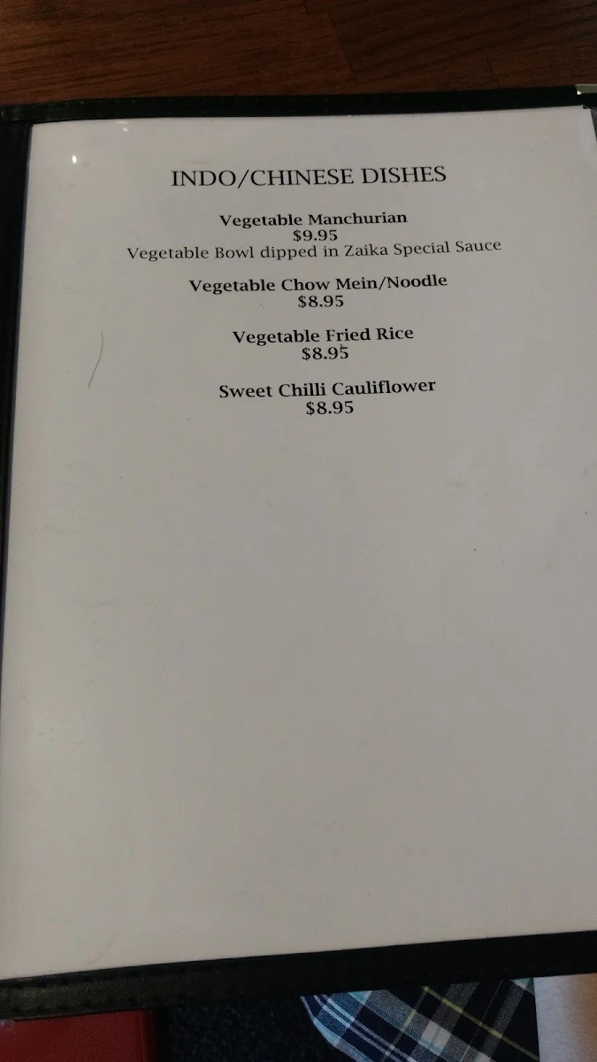 Menu, Zaika Tastes of India