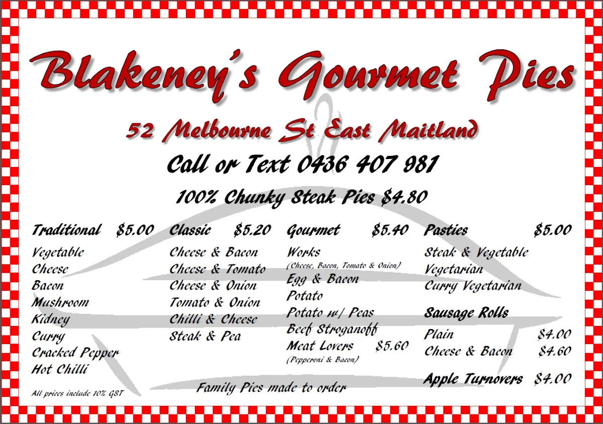 Menu, Blakeney's Pies
