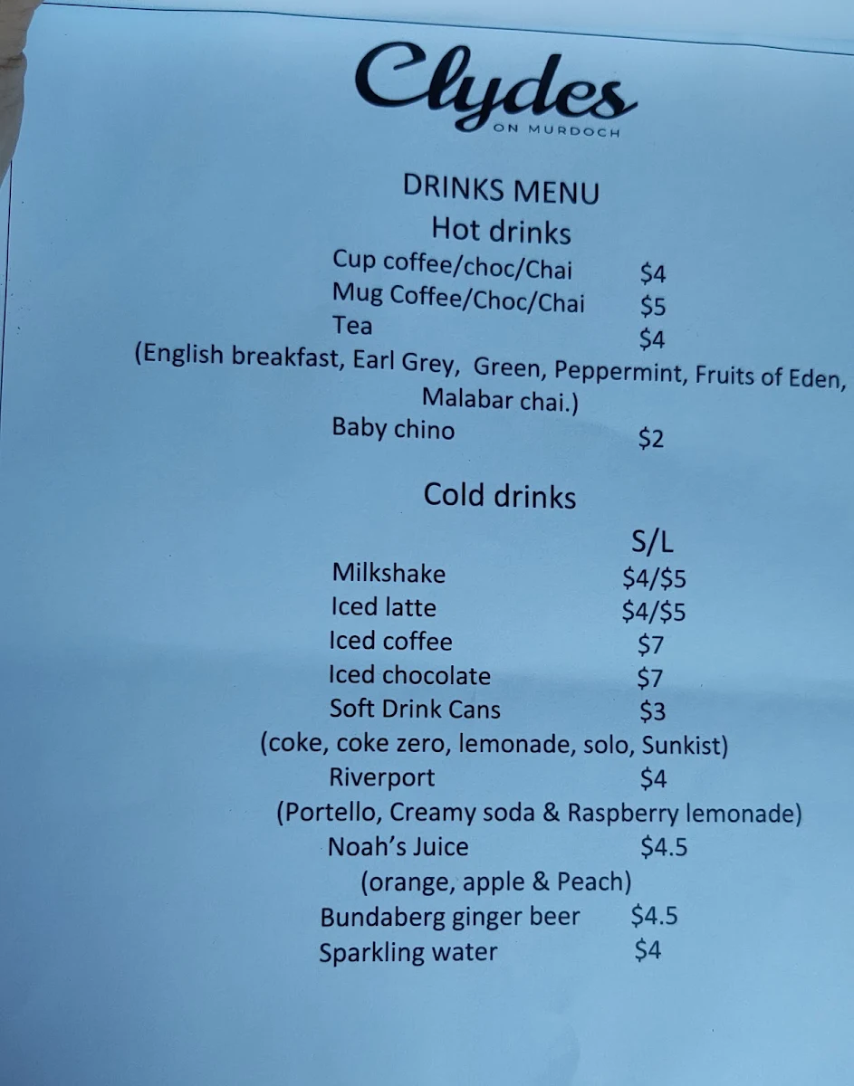Menu, Clydes on Murdoch