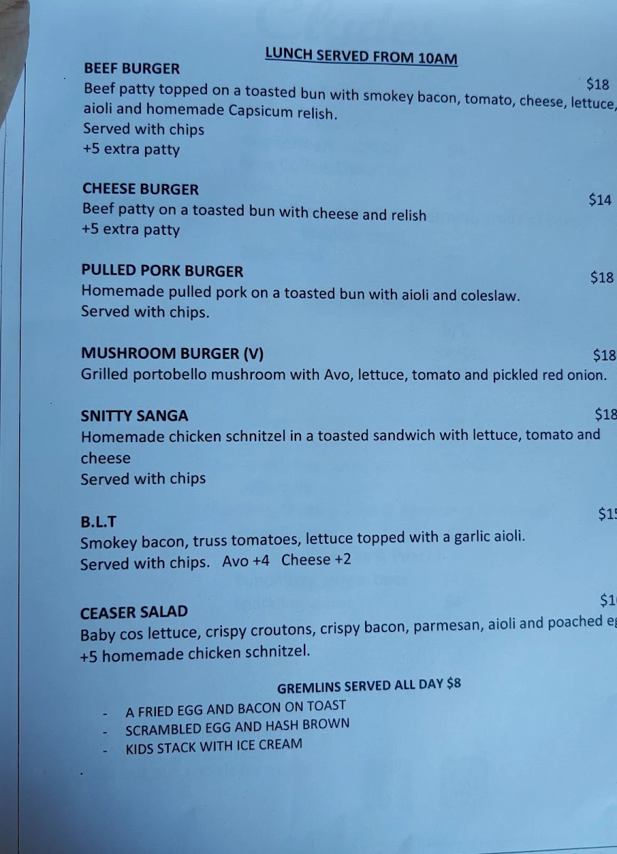 Menu, Clydes on Murdoch