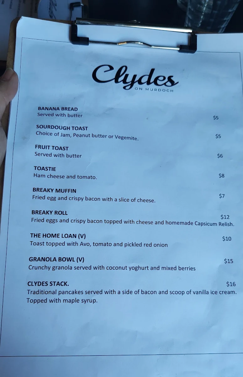 Menu, Clydes on Murdoch