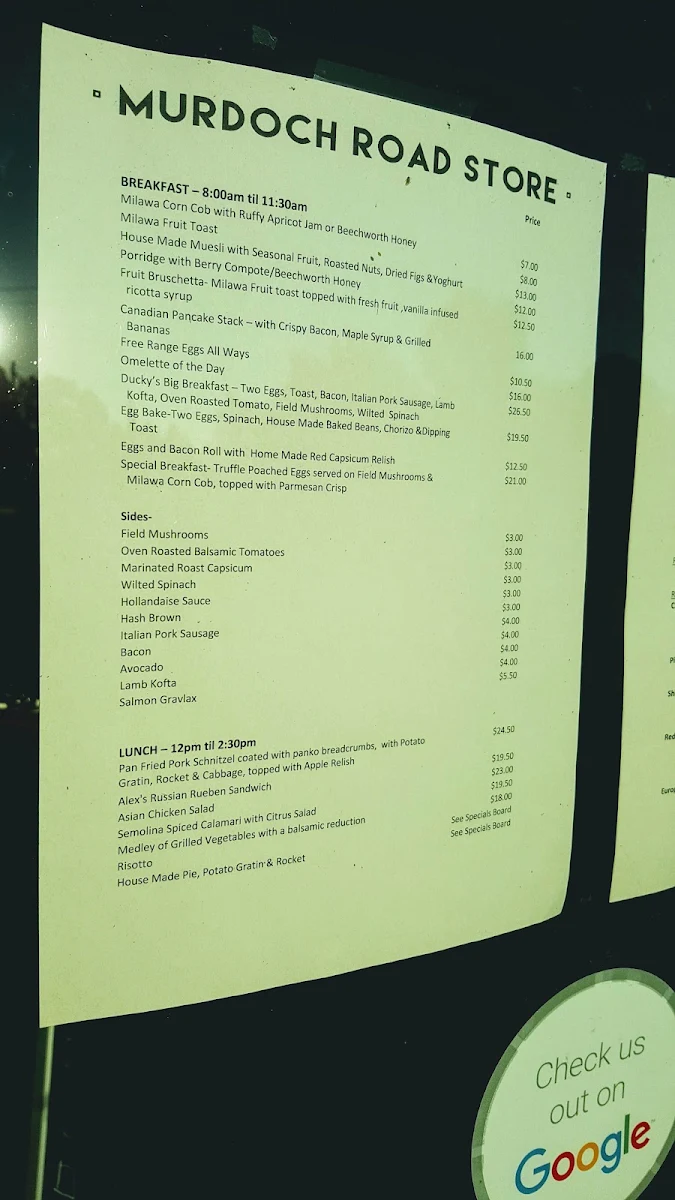 Menu, Clydes on Murdoch