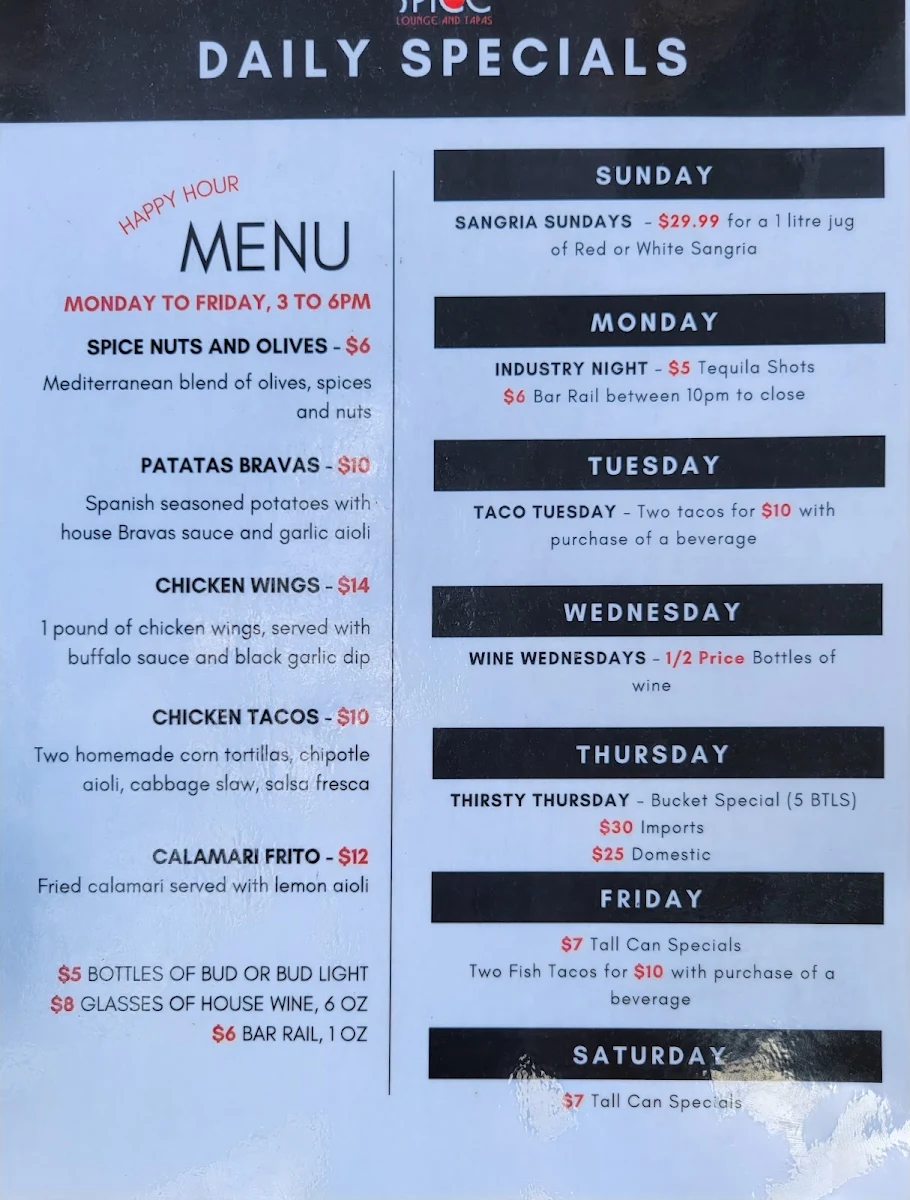 Menu, Spice Lounge and Tapas