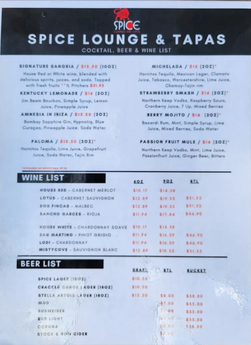 Menu, Spice Lounge and Tapas