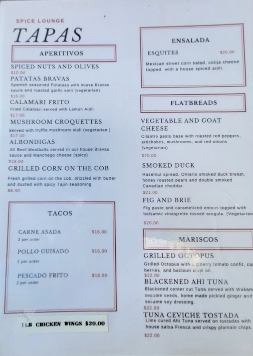 Menu, Spice Lounge and Tapas