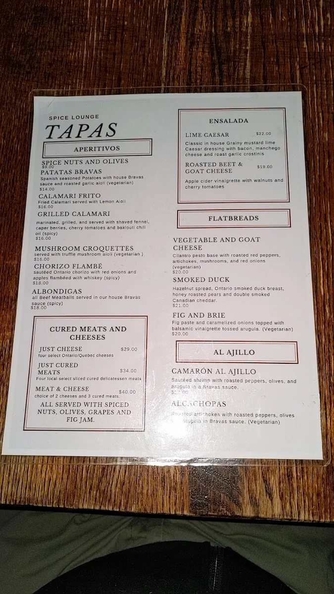 Menu, Spice Lounge and Tapas