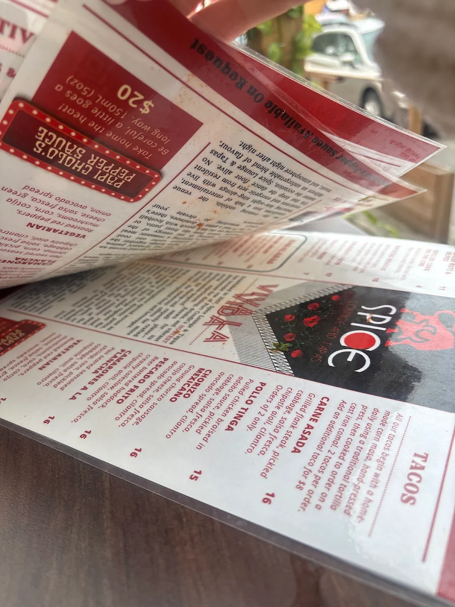 Menu, Spice Lounge and Tapas