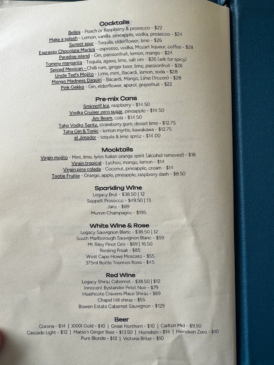Menu, Dunk Island Restaurant