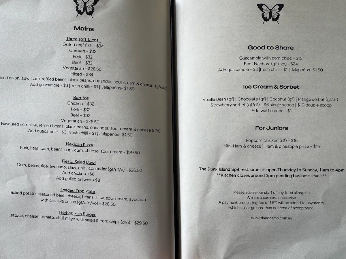 Menu, Dunk Island Restaurant