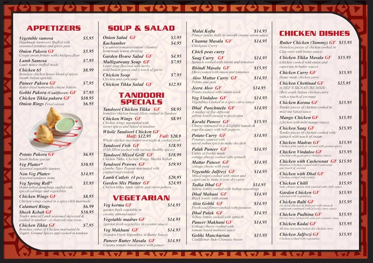 Menu, India Garden