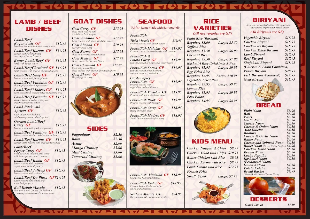 Menu, India Garden