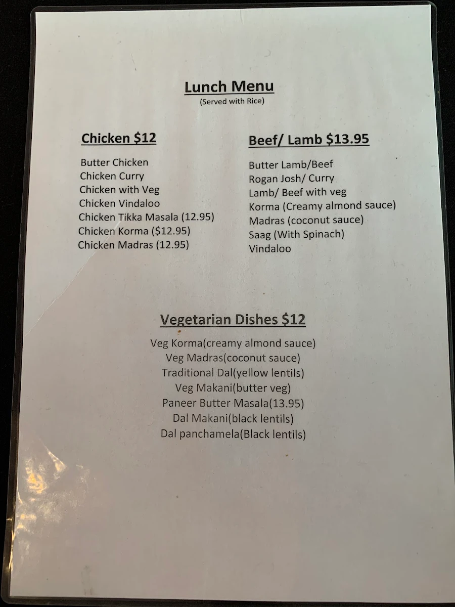 Menu, India Garden