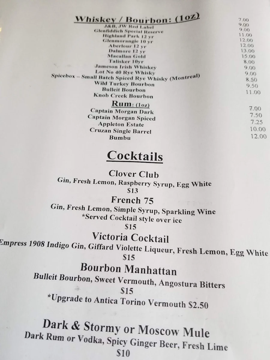 Menu, Mahle House Restaurant