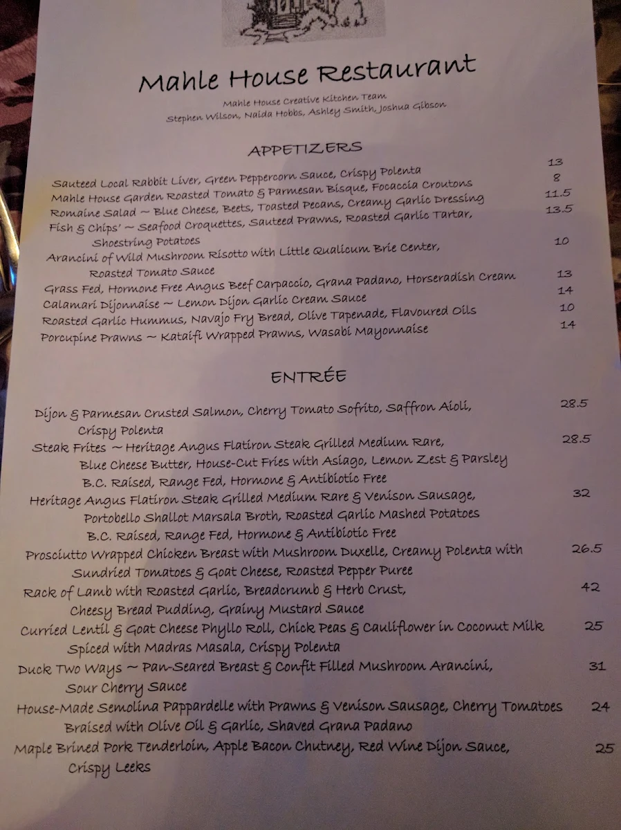 Menu, Mahle House Restaurant