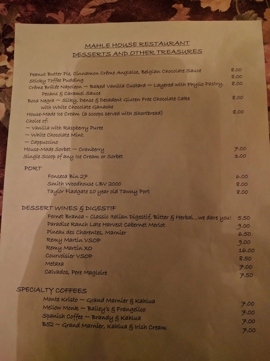 Menu, Mahle House Restaurant