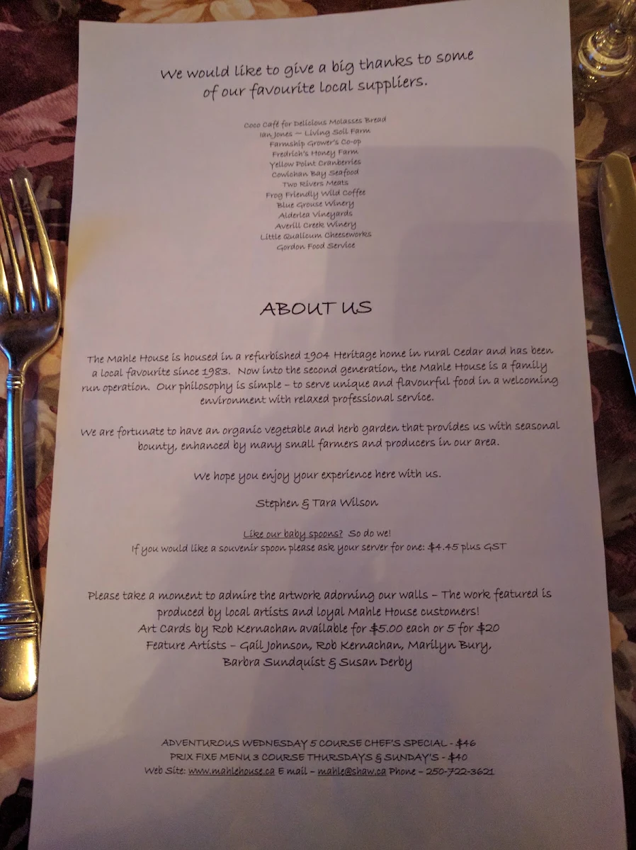 Menu, Mahle House Restaurant