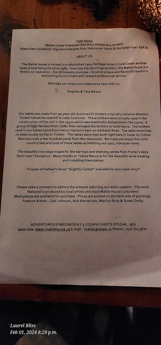Menu, Mahle House Restaurant