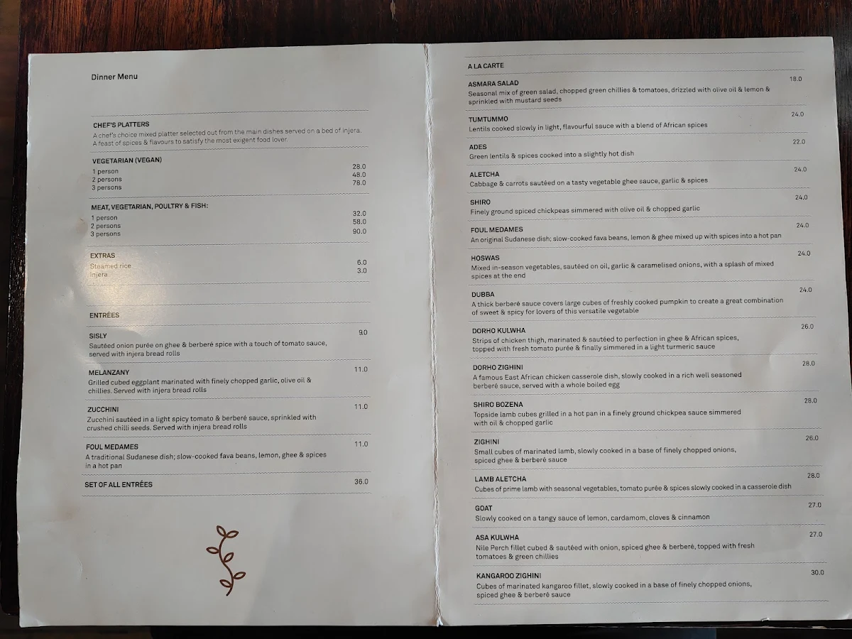 Menu, The Abyssinian Restaurant