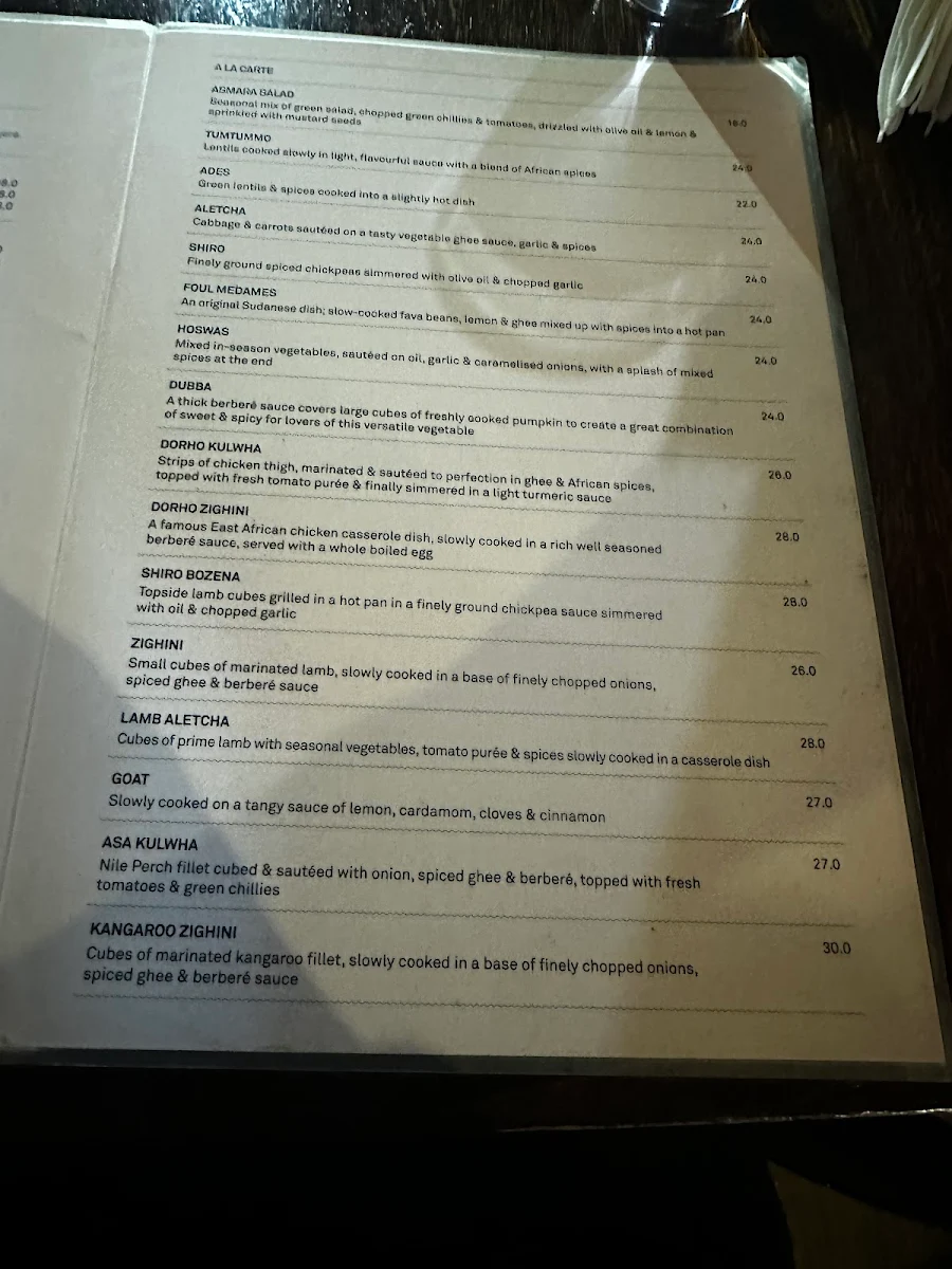 Menu, The Abyssinian Restaurant