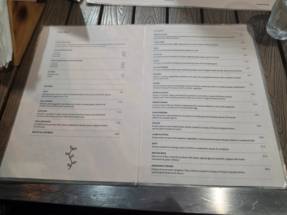 Menu, The Abyssinian Restaurant