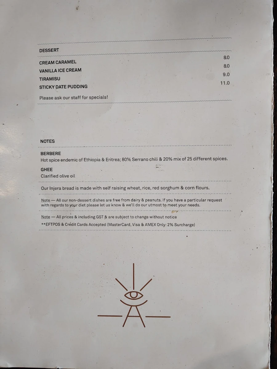 Menu, The Abyssinian Restaurant
